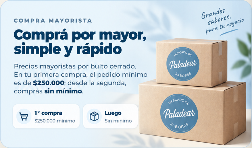 Compra mayorista simple y rápida: primer pedido mínimo de $250.000 y compras siguientes sin mínimo, siempre por bulto cerrado.